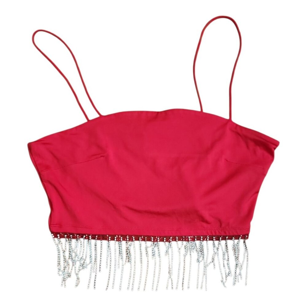 Charlotte‎ Russe Crop Top Womens Size M Medium Red Jeweled Fringe Showgirl Party